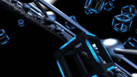 Blue illuminated Hot Iron Black Cube with Atom Plane Structure under Blue Flash Background....