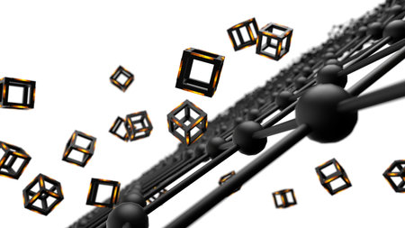 Orange illuminated Hot Iron Black Cube with Atom Plane Structure under White Background. Blockchain...