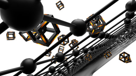 Orange illuminated Hot Iron Black Cube with Atom Plane Structure under White Background. Blockchain...