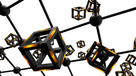 Orange illuminated Hot Iron Black Cube with Atom Plane Structure under White Background. Blockchain...