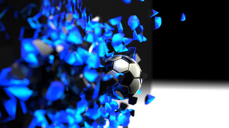 Soccer ball breaking with great force through blue illuminated wall under spot light background. 3D high quality rendering. 3D illustration.の写真素材