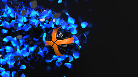Black-Orange Basketball crash blue lighting wall and the wall was cracked. 3D illustration. 3D CG. 3D high quality rendering.の写真素材
