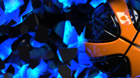 Black-Orange Basketball crash blue lighting wall and the wall was cracked. 3D illustration. 3D CG. 3D high quality rendering.の写真素材