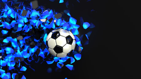 Soccer ball breaking with great force through blue illuminated wall under spot light background. 3D high quality rendering. 3D illustration.の写真素材