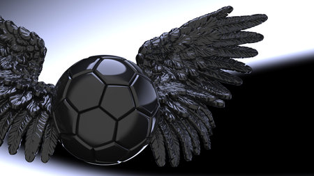 Black soccer ball with the black Wings under flash light background. 3D CG. 3D illustration. 3D high...