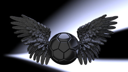 Black soccer ball with the black Wings under flash light background. 3D CG. 3D illustration. 3D high...
