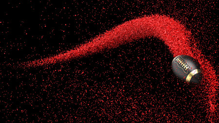 Black-Gold American Foot Ball with Red Particles under black light background. 3D illustration. 3D high quality rendering.の写真素材