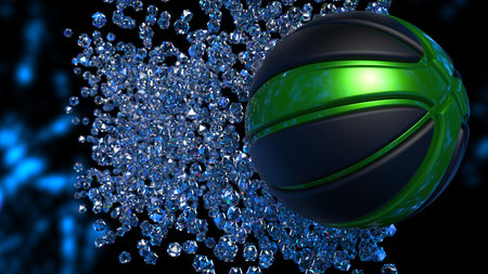 Black-Green Basketball with Diamond Particles under fire flare lighting. 3D illustration. 3D high quality rendering.の写真素材