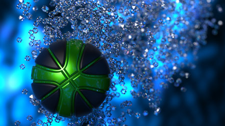 Black-Green Basketball with Diamond Particles under fire flare lighting. 3D illustration. 3D high quality rendering.の写真素材