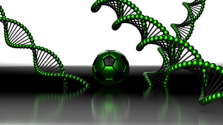 Green-Black Soccer Ball and DNA molecule under black background.  3D illustration. 3D high quality rendering. 3D CG.の写真素材