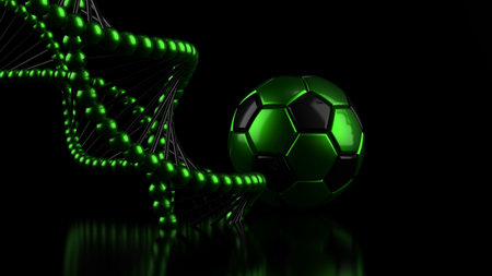 Green-Black Soccer Ball and DNA molecule under black background.  3D illustration. 3D high quality rendering. 3D CG.の写真素材