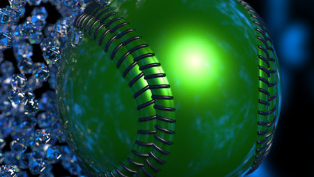 Green Baseball with diamond particles under blue flare lighting. 3D illustration. 3D CG. 3D high quality rendering.の写真素材