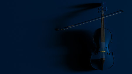 Dark Blue classic violin on brown plate under spot lighting background. 3D sketch design and illustration. 3D high quality rendering. 3D CG.の写真素材