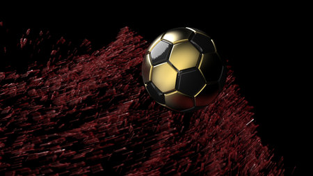 Gold-Black soccer ball with red splash particles in the shape of star.  3D high quality rendering. 3D CG. 3D illustration.の写真素材