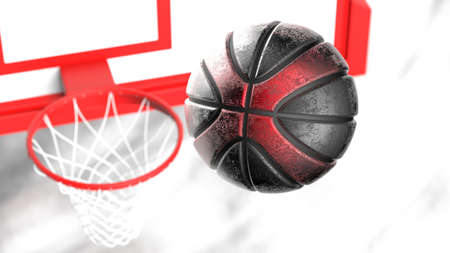 Scratched Metallic Black-Red Basketball and Basketball Goal Plate with dark brown toned foggy smoke background. 3D CG. 3D sketch design and illustration. 3D high quality rendering.の写真素材