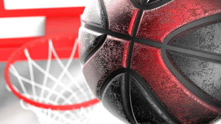 Scratched Metallic Black-Red Basketball and Basketball Goal Plate with dark brown toned foggy smoke background. 3D CG. 3D sketch design and illustration. 3D high quality rendering.の写真素材
