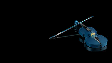 Sky Blue classic violin on black plate under spot lighting background. 3D sketch design and illustration. 3D high quality rendering.の写真素材