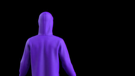 Anonymous hacker with purple hoodie in shadow under spot lighting background. Dangerous criminal concept image. 3D CG. 3D illustration. 3D high quality rendering.の写真素材