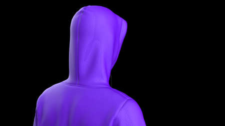 Anonymous hacker with purple hoodie in shadow under spot lighting background. Dangerous criminal concept image. 3D CG. 3D illustration. 3D high quality rendering.の写真素材