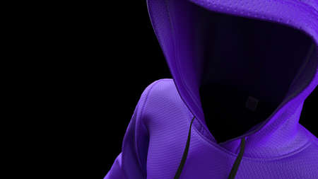 Anonymous hacker with purple hoodie in shadow under spot lighting background. Dangerous criminal concept image. 3D CG. 3D illustration. 3D high quality rendering.の写真素材