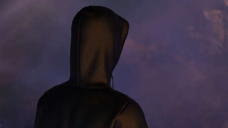 Anonymous hacker with black hoodie in shadow under space sky spot lighting background. Dangerous criminal concept image. 3D CG. 3D illustration. 3D high quality rendering.の写真素材