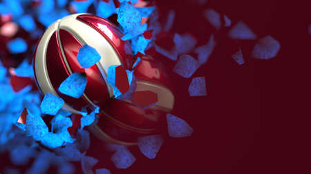 Red-White Baseball breaking with great force through blue illuminated wall under spot light background. 3D high quality rendering. 3DCG. 3D illustration.の写真素材