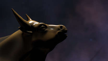 Bronze bull sculpture. Sculpted casting depicting a bull in dramatic contrasting light representing financial market trends under space sky. 3D illustration. 3D high quality rendering. 3D CG.の写真素材