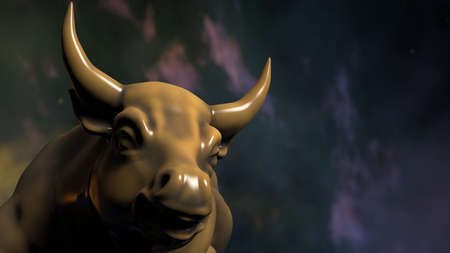 Bronze bull sculpture. Sculpted casting depicting a bull in dramatic contrasting light representing financial market trends under space sky. 3D illustration. 3D high quality rendering. 3D CG.の写真素材