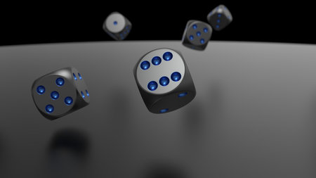 Rolling blue-black dices on black metallic plate under black background. 3D CG. 3D illustration. 3D high quality rendering.の写真素材