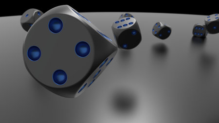 Rolling blue-black dices on black metallic plate under black background. 3D CG. 3D illustration. 3D...
