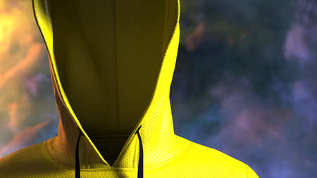 Anonymous hacker with yellow hoodie in shadow under space sky spot lighting background. Dangerous criminal concept image. 3D CG. 3D illustration. 3D high quality rendering.の写真素材