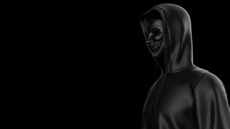 Anonymous hacker with black mask and black hoodie in shadow under black spot lighting background. Dangerous criminal concept image. 3D CG. 3D illustration. 3D high quality rendering.の写真素材