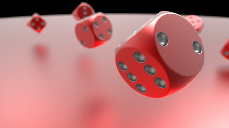 Rolling red-silver dices on red metallic plate under black background. 3D CG. 3D illustration. 3D high quality rendering.の写真素材