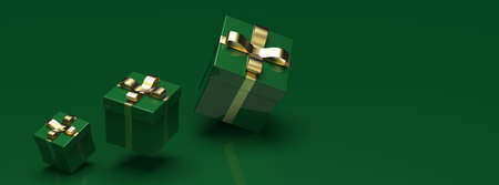 Green closed gift boxes with gold ribbon on black background. 3D illustration. 3D CG. 3D high quality rendering.の写真素材