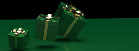 Green closed gift boxes with gold ribbon on black background. 3D illustration. 3D CG. 3D high quality rendering.の写真素材