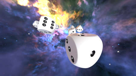 Rolling white-black dices under space sky background. 3D CG. 3D illustration. 3D high quality rendering.の写真素材