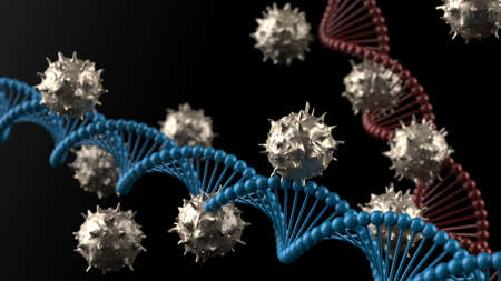 Silver Virus, DNA, flu, view of a virus under a microscope, infectious disease under White-Black Background. 3D illustration. 3D high quality rendering. 3D CG.の写真素材