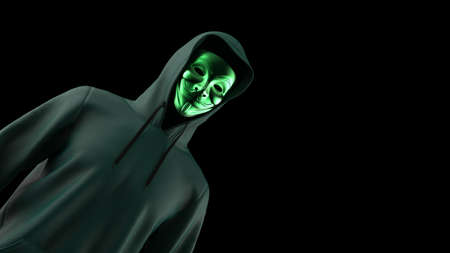 TOKYO, JAPAN - MARCH 17, 2021 : Anonymous hacker with metallic gree face mask and black hoodie in...