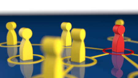 Chain of human figurines connected by yellow lines. Cooperation and interaction between people and employees. Dissemination of information in society, rumors. Social contacts. 3D illustration CG.の写真素材