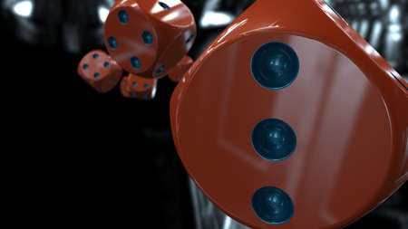 Rolling orange-blue dices under spaceship inside background. 3D CG. 3D illustration. 3D high quality rendering.の写真素材