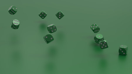 Rolling green-silver dices on green metallic plate under black background. 3D CG. 3D illustration. 3D high quality rendering.の写真素材