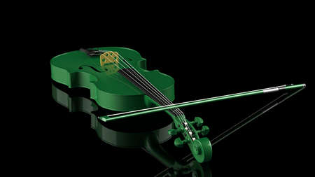 Green classic violin on black plate under spot lighting background. 3D sketch design and illustration. 3D high quality rendering.の写真素材