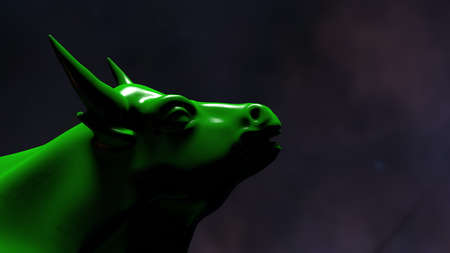 Green painted bull sculpture. Sculpted casting depicting a bull in dramatic contrasting light representing financial market trends under space sky. 3D illustration. 3D high quality rendering. 3D CG.の写真素材