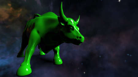Green painted bull sculpture. Sculpted casting depicting a bull in dramatic contrasting light...