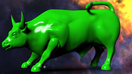 Green painted bull sculpture. Sculpted casting depicting a bull in dramatic contrasting light representing financial market trends under space sky. 3D illustration. 3D high quality rendering. 3D CG.の写真素材