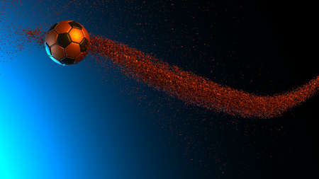 Orange-Black Soccer Ball with Particles under Orange-Blue lighting background. 3D illustration. 3D high quality rendering. 3D CG.の写真素材