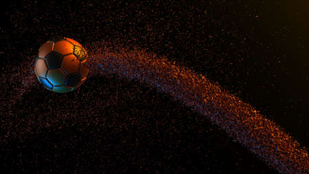 Orange-Black Soccer Ball with Particles under Orange-Blue lighting background. 3D illustration. 3D...