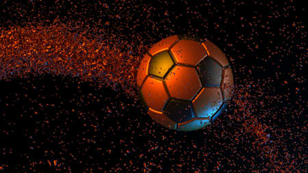 Orange-Black Soccer Ball with Particles under Orange-Blue lighting background. 3D illustration. 3D high quality rendering. 3D CG.の写真素材
