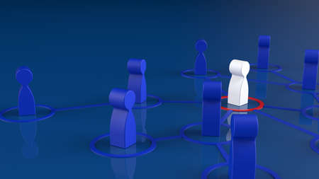Chain of human figurines connected by blue lines. Cooperation and interaction between people and...