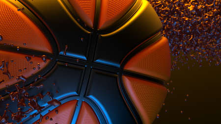 Orange-Black Basketball with Particles under Orange-Blue lighting background. 3D illustration. 3D high quality rendering. 3D CG.の写真素材